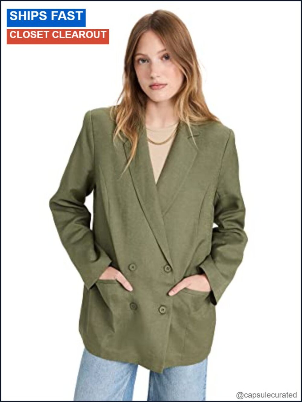 Linen Double-Breasted Blazer with Notched Lapels and Padded Shoulders